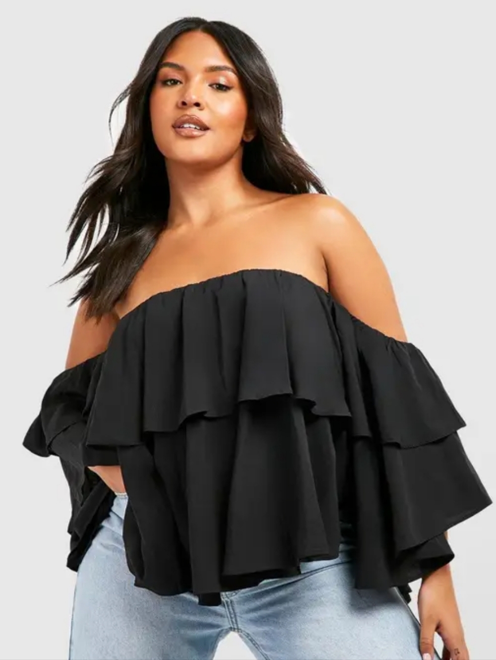 Off-Shoulder Black Ruffle Layered Women's Top Size S